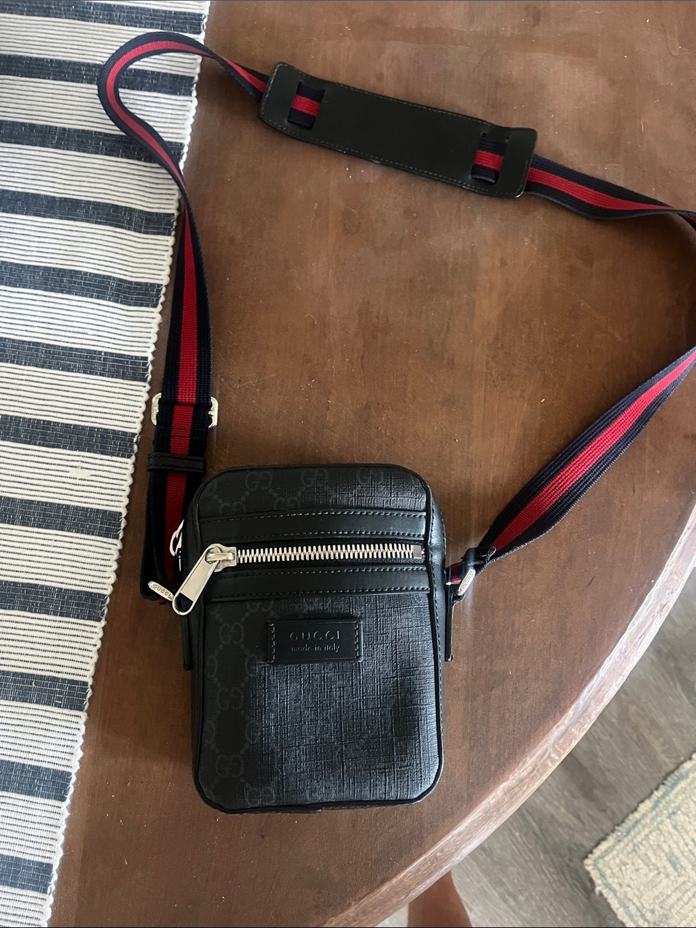 Gucci Black Crossbody Belt Bag with Red and Blue Web Strap